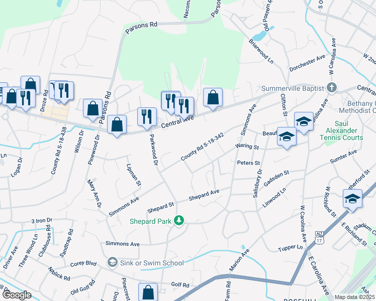 map of restaurants, bars, coffee shops, grocery stores, and more near 219 County Road S-18-342 in Summerville