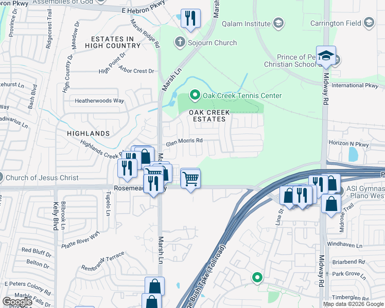 map of restaurants, bars, coffee shops, grocery stores, and more near 3703 Old Orchard Court in Carrollton
