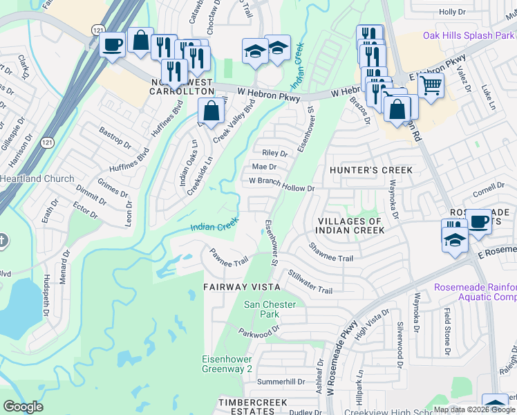 map of restaurants, bars, coffee shops, grocery stores, and more near 1301 Island Drive in Carrollton