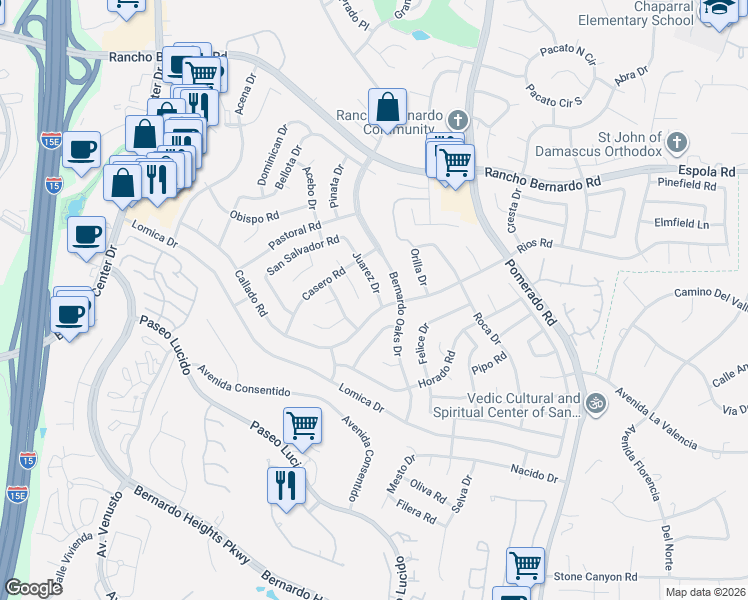 map of restaurants, bars, coffee shops, grocery stores, and more near 16608 Juarez Drive in San Diego