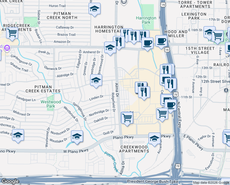 map of restaurants, bars, coffee shops, grocery stores, and more near 905 Ridgefield Drive in Plano