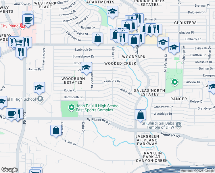 map of restaurants, bars, coffee shops, grocery stores, and more near 3112 Robin Road in Plano