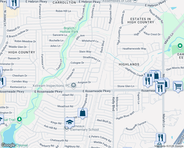 map of restaurants, bars, coffee shops, grocery stores, and more near 2102 Rose Cliff Lane in Carrollton