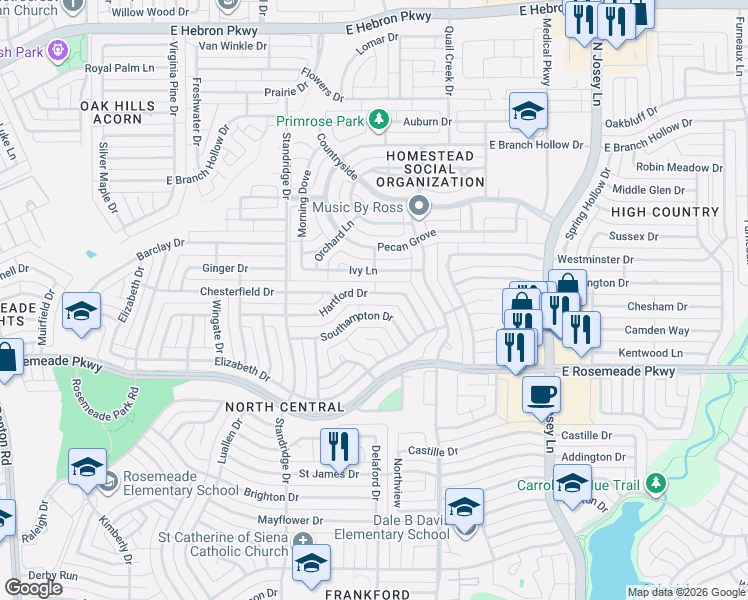map of restaurants, bars, coffee shops, grocery stores, and more near 1724 Southampton Drive in Carrollton