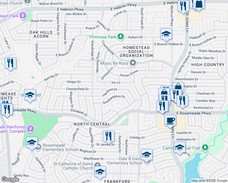 map of restaurants, bars, coffee shops, grocery stores, and more near 1723 Southampton Drive in Carrollton