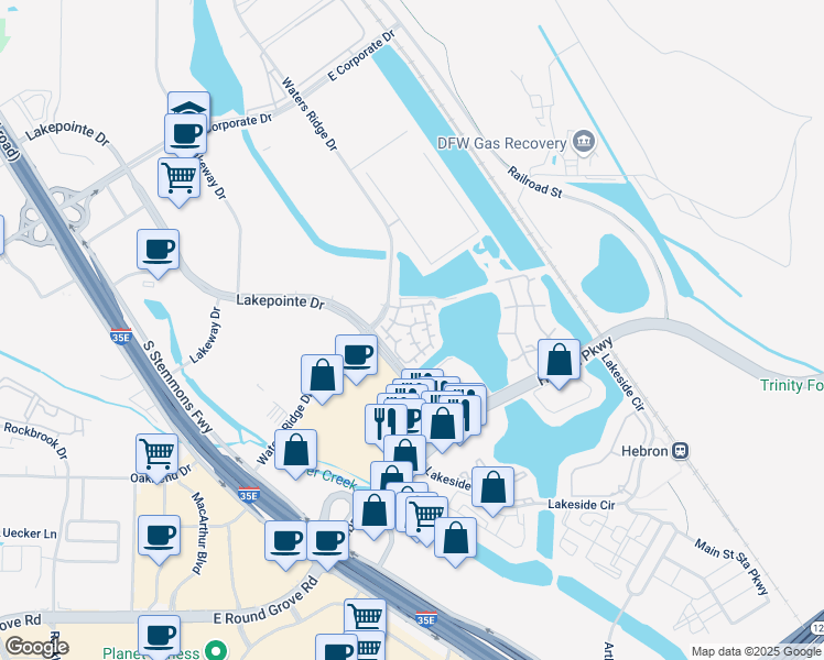 map of restaurants, bars, coffee shops, grocery stores, and more near 2025 Lakepointe Drive in Lewisville