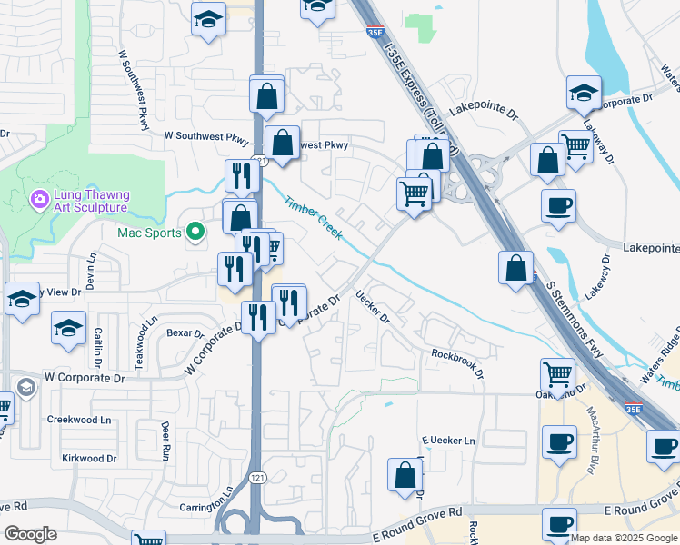 map of restaurants, bars, coffee shops, grocery stores, and more near 265 East Corporate Drive in Lewisville