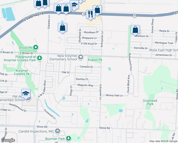 map of restaurants, bars, coffee shops, grocery stores, and more near 1310 Oak Street in Wylie