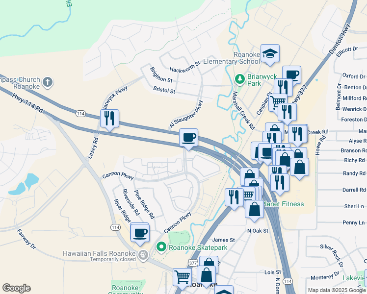 map of restaurants, bars, coffee shops, grocery stores, and more near 2106 Holley Parkway in Roanoke
