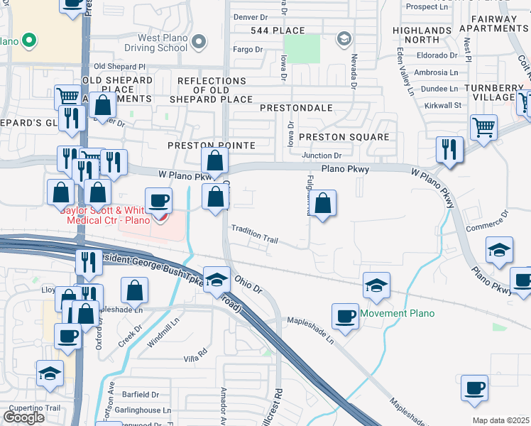 map of restaurants, bars, coffee shops, grocery stores, and more near 4501 Tradition Trail in Plano