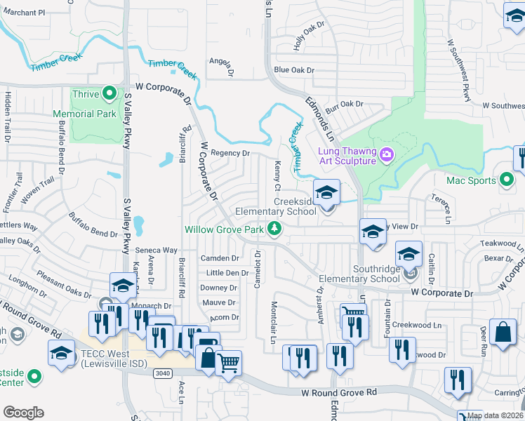 map of restaurants, bars, coffee shops, grocery stores, and more near 2033 Camelot Drive in Lewisville
