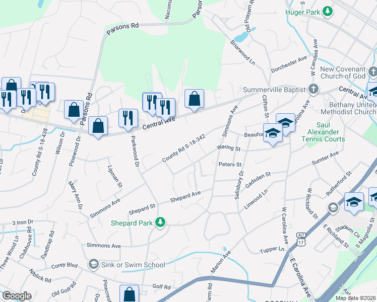 map of restaurants, bars, coffee shops, grocery stores, and more near 120 Tallow Street in Summerville
