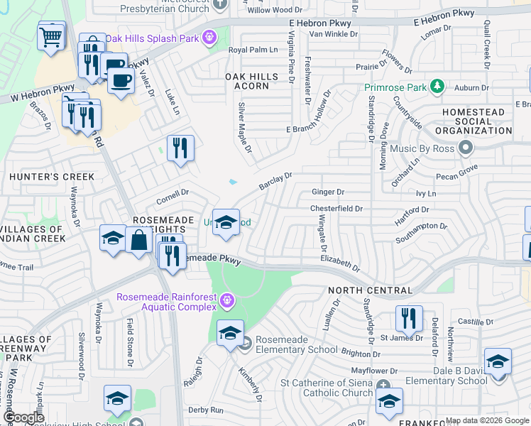 map of restaurants, bars, coffee shops, grocery stores, and more near 3715 Cromwell Drive in Carrollton