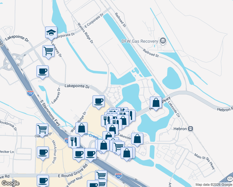 map of restaurants, bars, coffee shops, grocery stores, and more near 2025 Lakepointe Drive in Lewisville