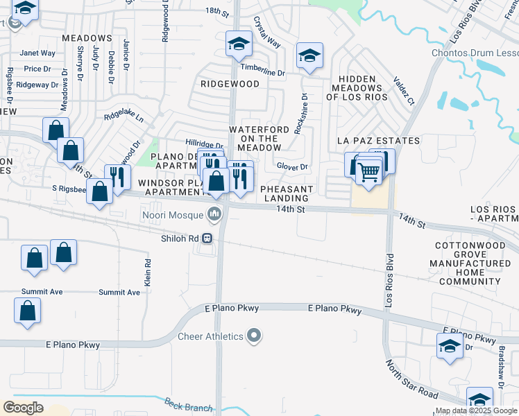 map of restaurants, bars, coffee shops, grocery stores, and more near 3672 14th Street in Plano