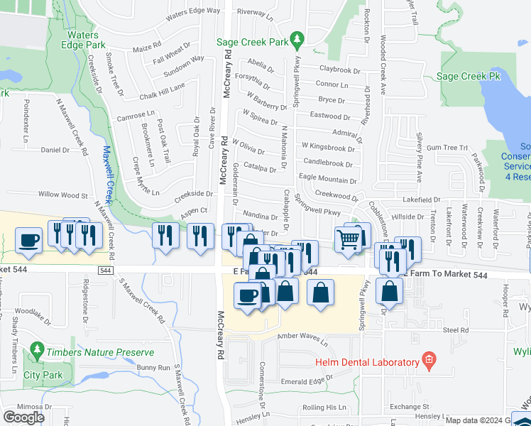 map of restaurants, bars, coffee shops, grocery stores, and more near 3500 Nandina Drive in Wylie