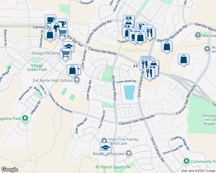 map of restaurants, bars, coffee shops, grocery stores, and more near 16580 Manassas Street in San Diego