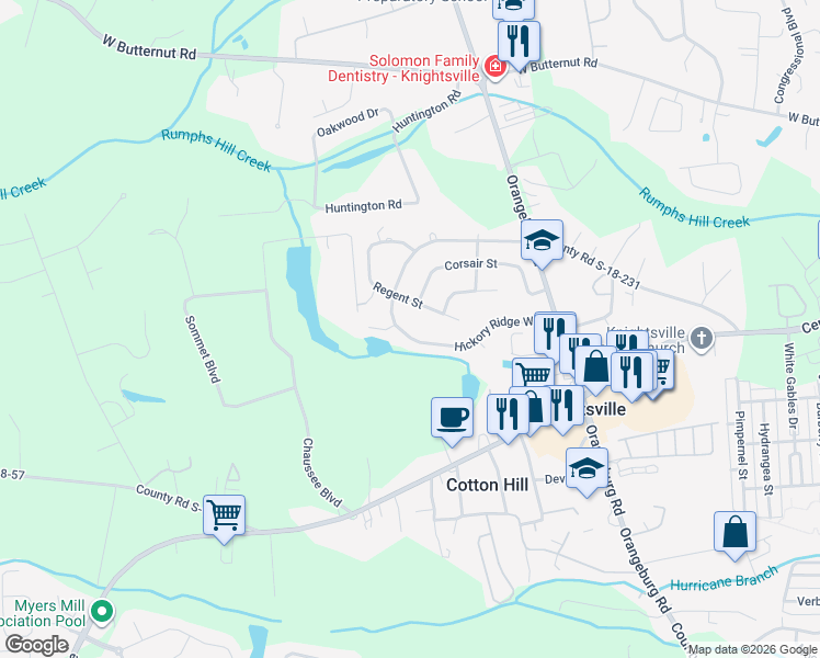 map of restaurants, bars, coffee shops, grocery stores, and more near 165 Hickory Ridge Way in Summerville