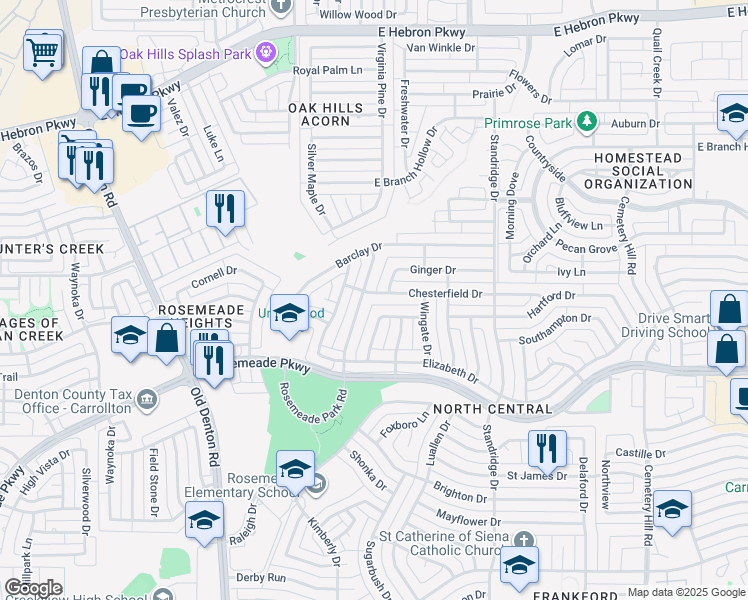 map of restaurants, bars, coffee shops, grocery stores, and more near 3714 Remington Drive in Carrollton