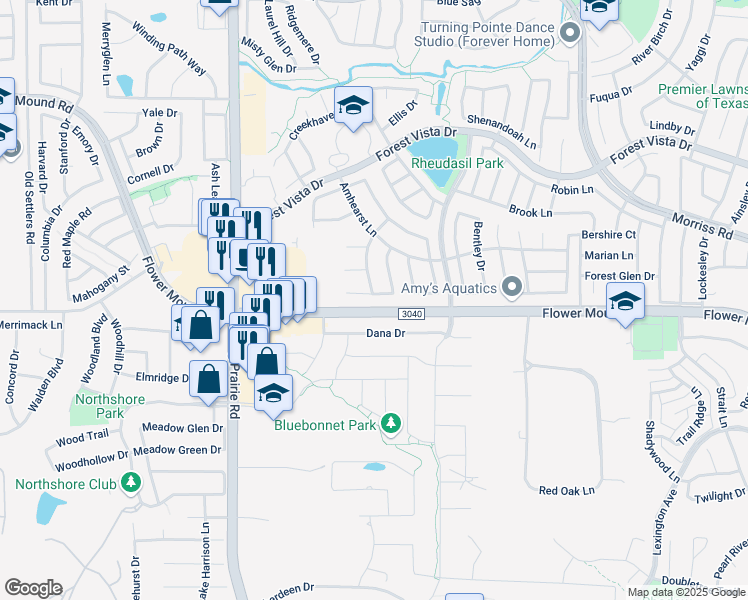 map of restaurants, bars, coffee shops, grocery stores, and more near 2325 Claremont Court in Flower Mound