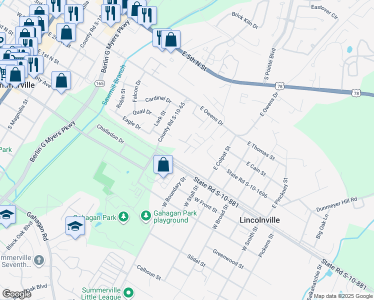 map of restaurants, bars, coffee shops, grocery stores, and more near 630 Railroad Avenue in Summerville