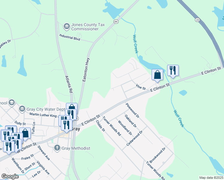 map of restaurants, bars, coffee shops, grocery stores, and more near Dixie Street in Jones County