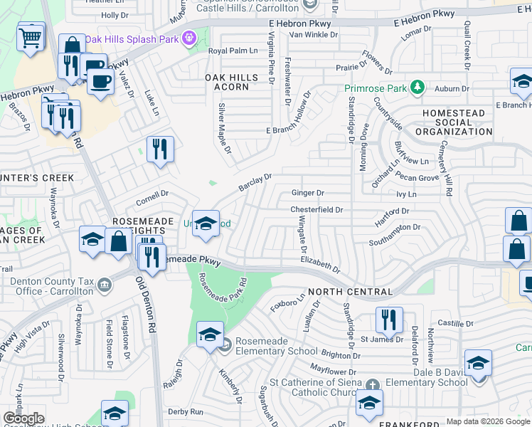 map of restaurants, bars, coffee shops, grocery stores, and more near 3714 Remington Drive in Carrollton