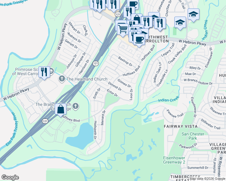 map of restaurants, bars, coffee shops, grocery stores, and more near 1424 Ector Drive in Carrollton