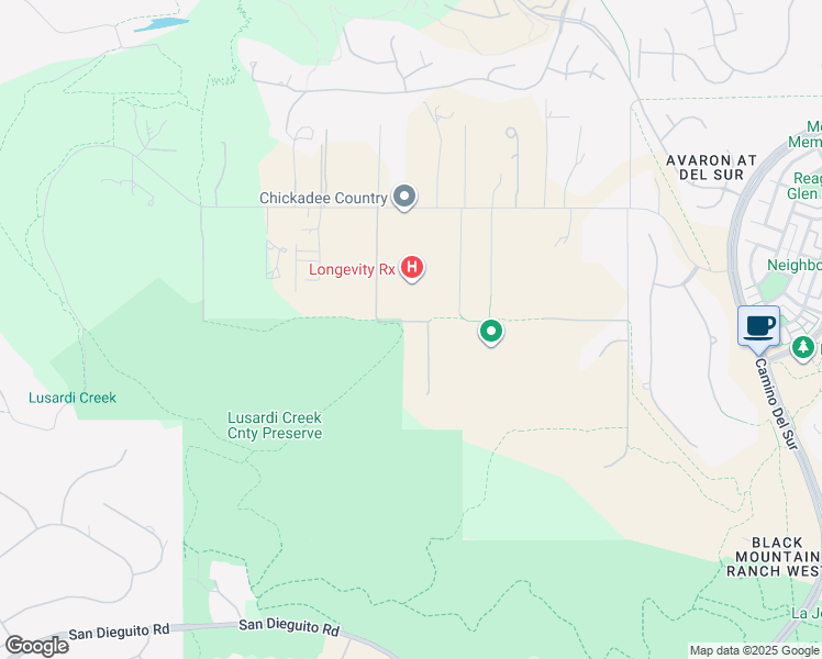 map of restaurants, bars, coffee shops, grocery stores, and more near 16500 Rio Vista Road in San Diego