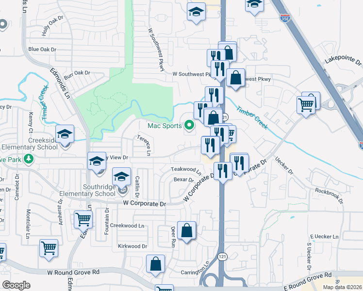 map of restaurants, bars, coffee shops, grocery stores, and more near 141 Valley View Drive in Lewisville