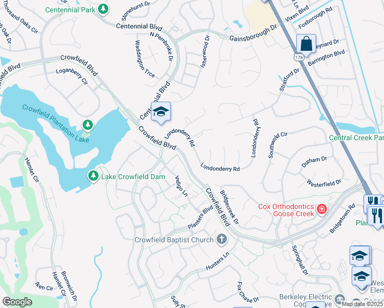 map of restaurants, bars, coffee shops, grocery stores, and more near 104 Norwich Court in Goose Creek