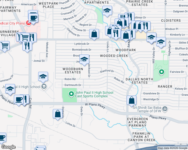 map of restaurants, bars, coffee shops, grocery stores, and more near 3208 Robin Road in Plano