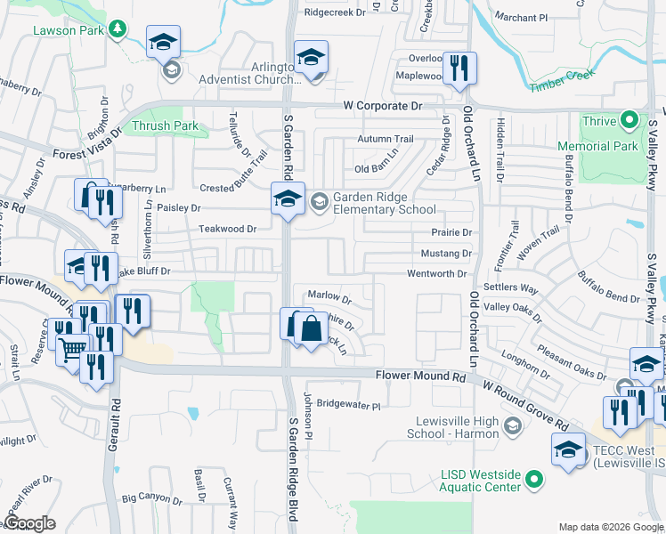 map of restaurants, bars, coffee shops, grocery stores, and more near 412 Marlow Drive in Flower Mound
