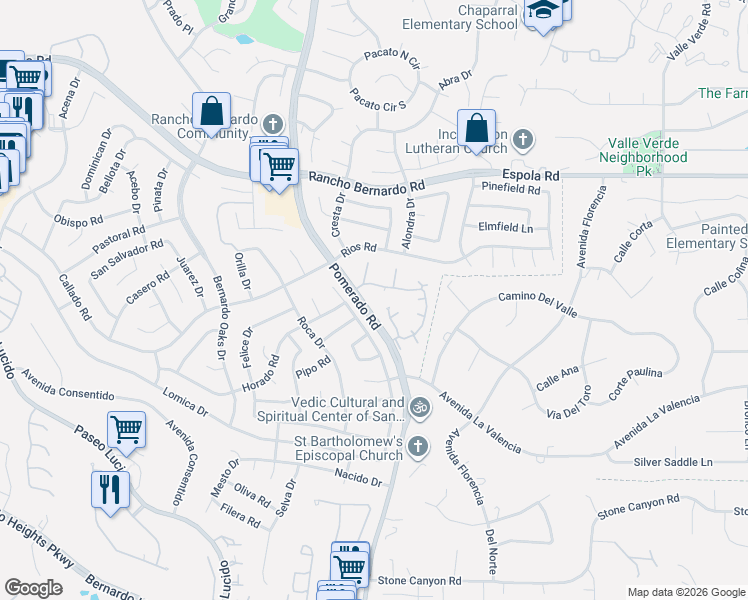map of restaurants, bars, coffee shops, grocery stores, and more near 16566 Caminito Vecinos in San Diego