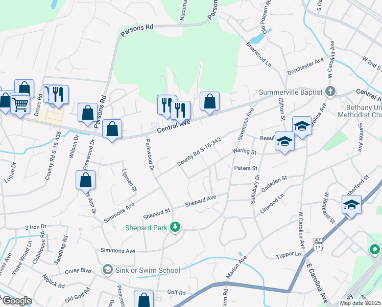 map of restaurants, bars, coffee shops, grocery stores, and more near 214 County Road S-18-342 in Summerville