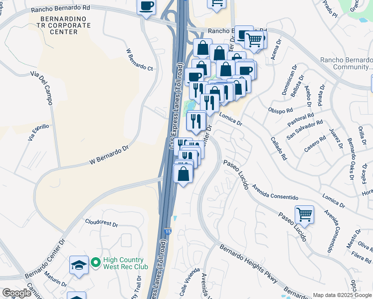 map of restaurants, bars, coffee shops, grocery stores, and more near 16516 Bernardo Center Drive in San Diego