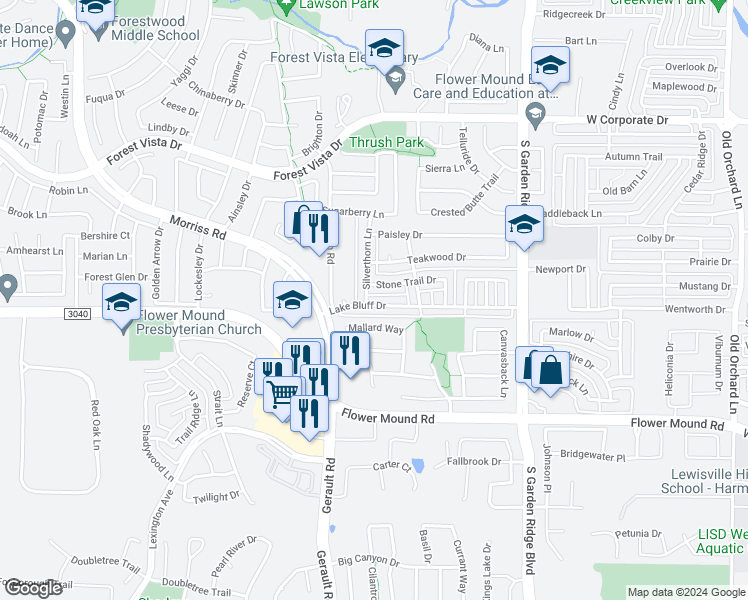 map of restaurants, bars, coffee shops, grocery stores, and more near 908 Lake Bluff Drive in Flower Mound