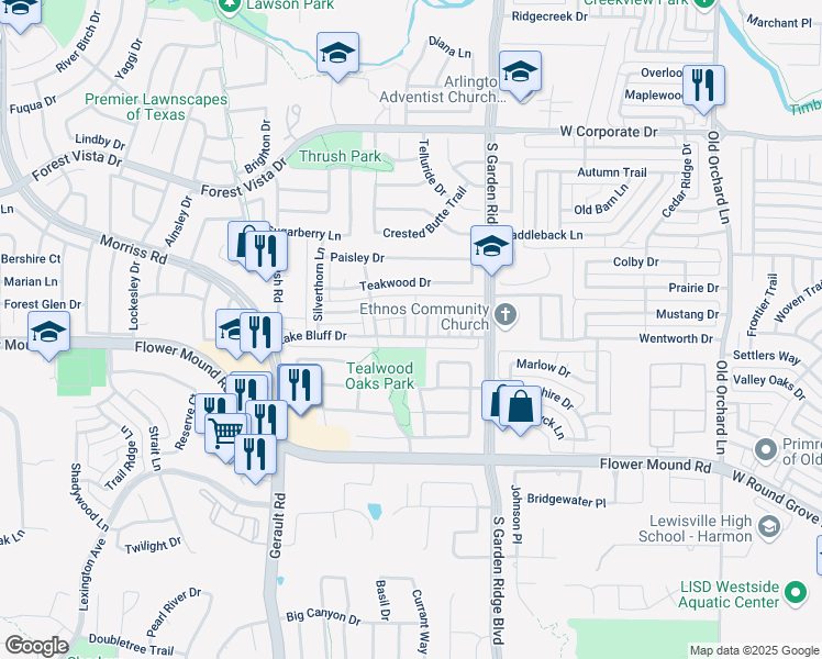 map of restaurants, bars, coffee shops, grocery stores, and more near 2104 Regency Drive in Flower Mound