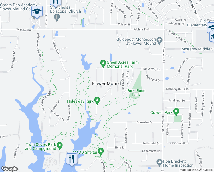 map of restaurants, bars, coffee shops, grocery stores, and more near 4401 Wanda Lane in Flower Mound