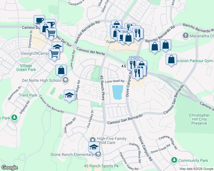 map of restaurants, bars, coffee shops, grocery stores, and more near 16586 Cimarron Crest Drive in San Diego