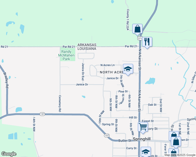 map of restaurants, bars, coffee shops, grocery stores, and more near 1401 North Acres Circle in Springhill