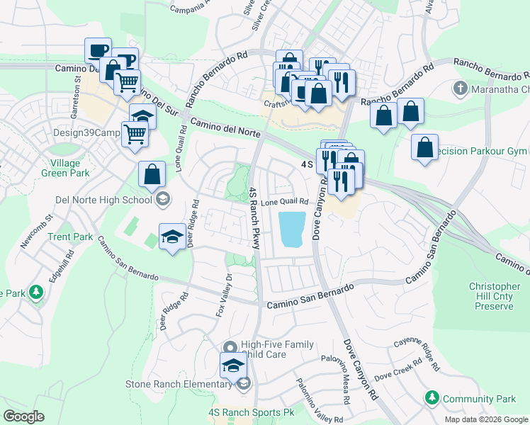map of restaurants, bars, coffee shops, grocery stores, and more near 16586 Cimarron Crest Drive in San Diego