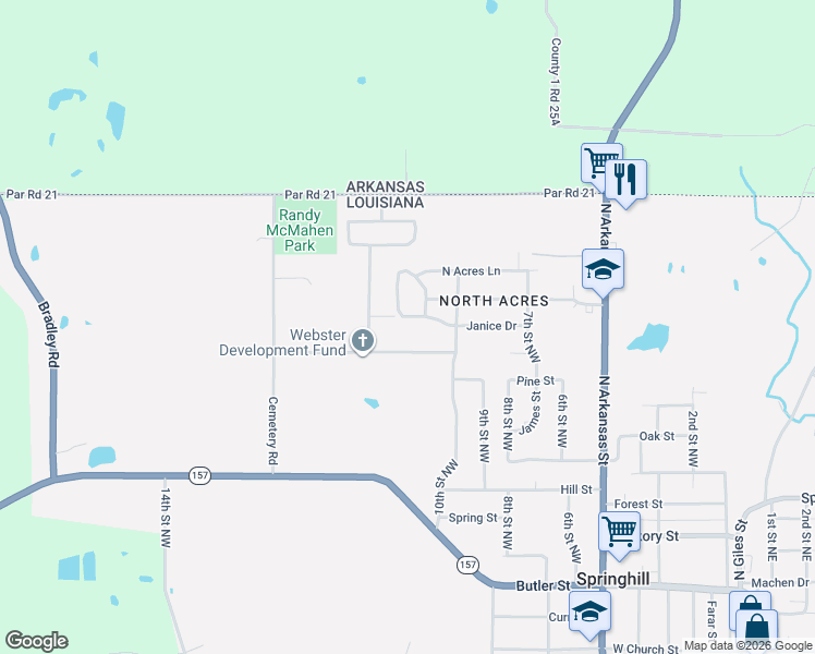 map of restaurants, bars, coffee shops, grocery stores, and more near 1203 North Acres Circle in Springhill