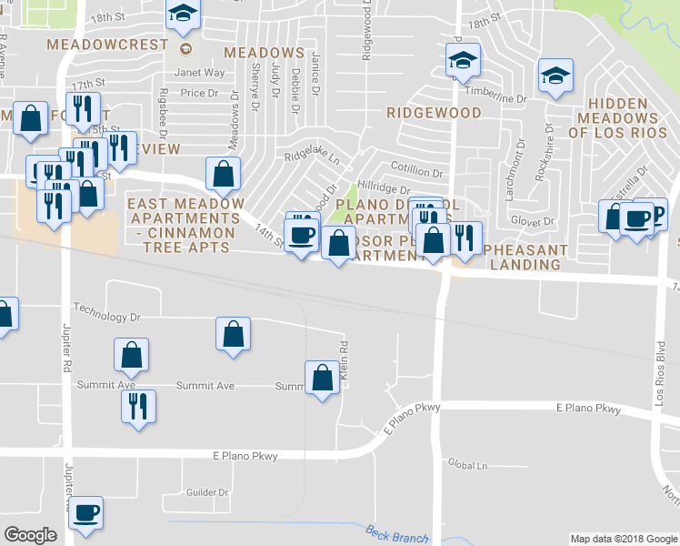 map of restaurants, bars, coffee shops, grocery stores, and more near 3420 14th Street in Plano