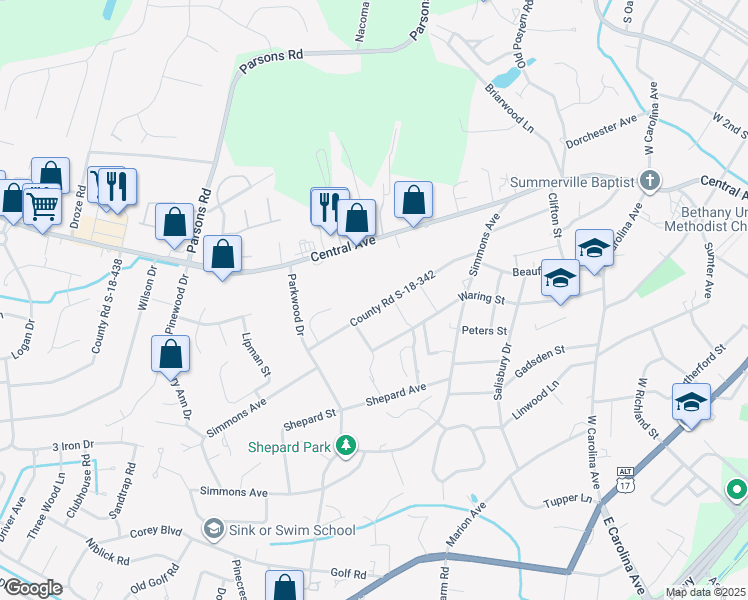 map of restaurants, bars, coffee shops, grocery stores, and more near 214 County Road S-18-342 in Summerville