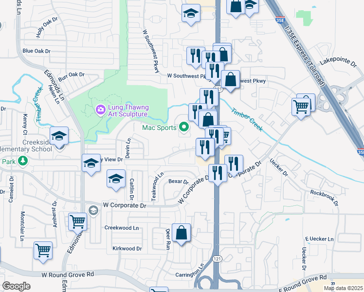 map of restaurants, bars, coffee shops, grocery stores, and more near 200 Continental Drive in Lewisville