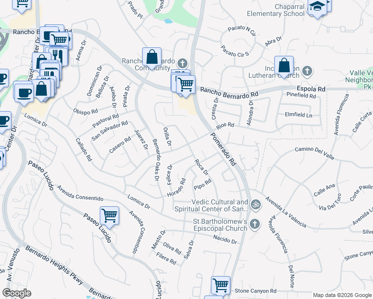 map of restaurants, bars, coffee shops, grocery stores, and more near 12466 Rios Road in San Diego