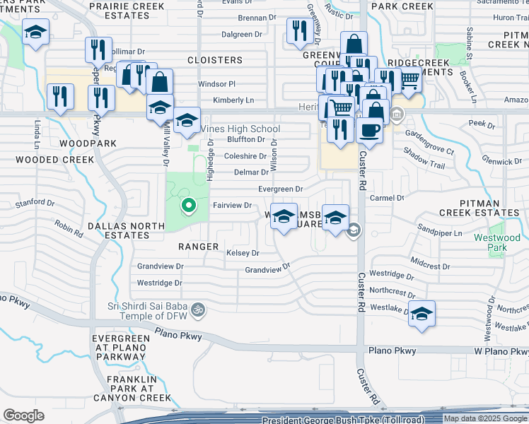 map of restaurants, bars, coffee shops, grocery stores, and more near 1209 Wilson Drive in Plano