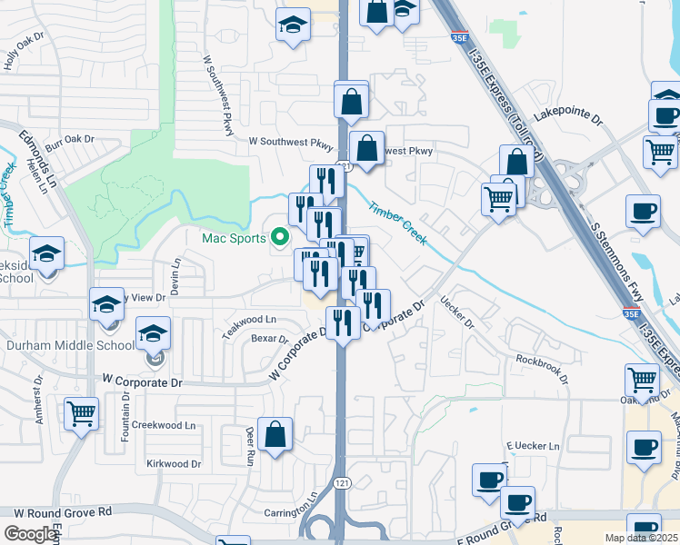 map of restaurants, bars, coffee shops, grocery stores, and more near 2175 Texas 121 Business in Lewisville