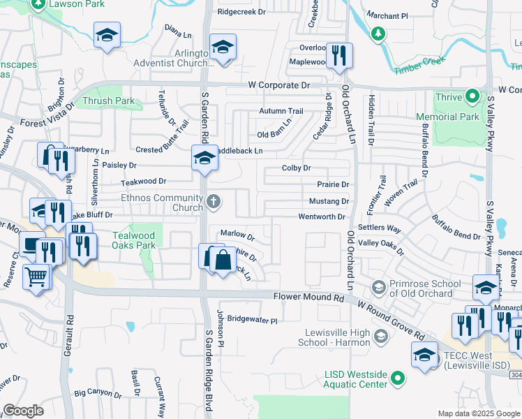 map of restaurants, bars, coffee shops, grocery stores, and more near 2128 Newport Drive in Flower Mound
